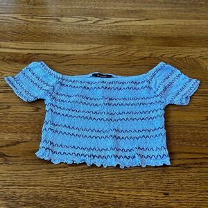 Blue Smocked off-the-shoulder top